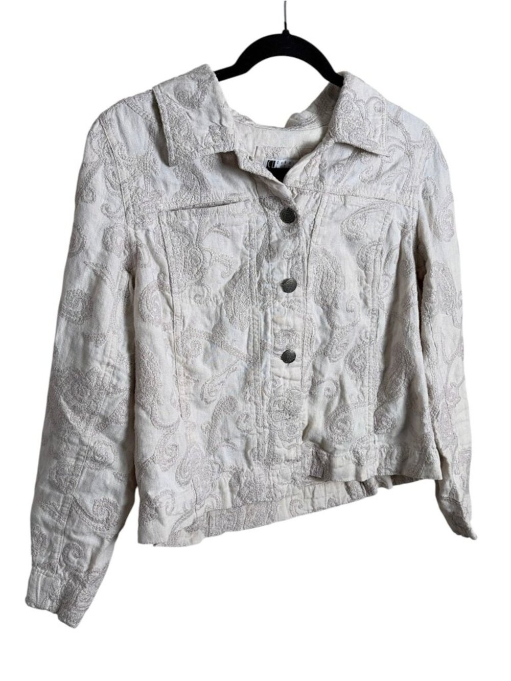 Vintage Carole Little Linen Trucker Jacket Tonal Paisley Cottagecore Boho Cream